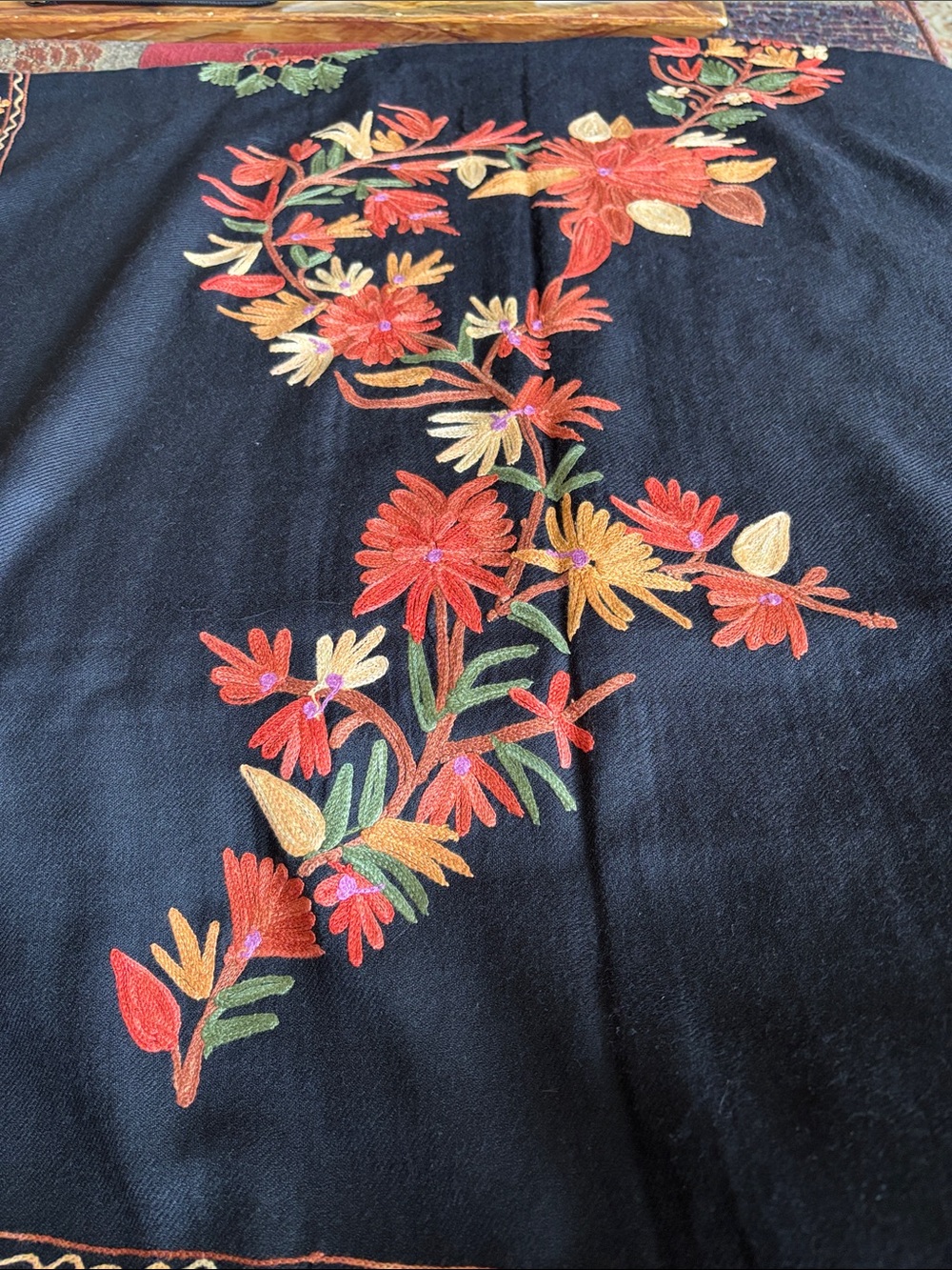 Black Shawl with Red & Gold Floral Embroidery
